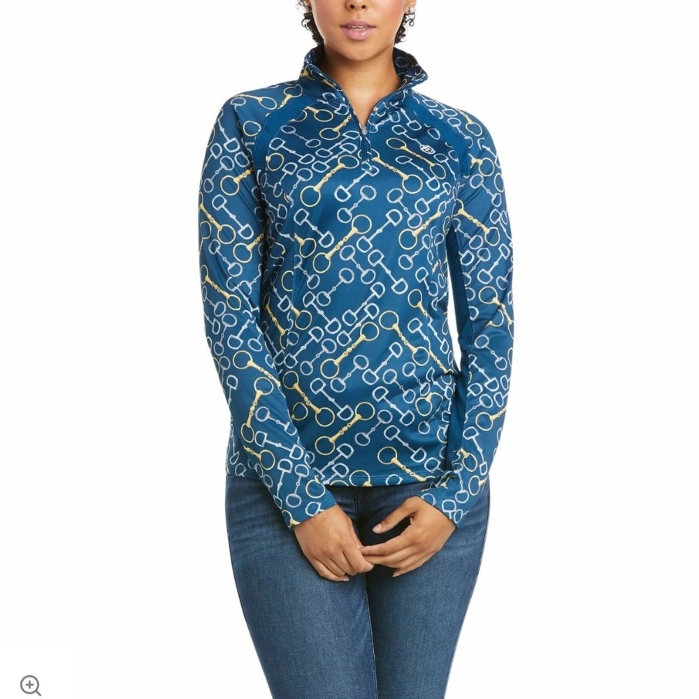 Ariat Sunstopper Top Women Small Blue Snaffle Bit Print Quarter Zip Base Layer